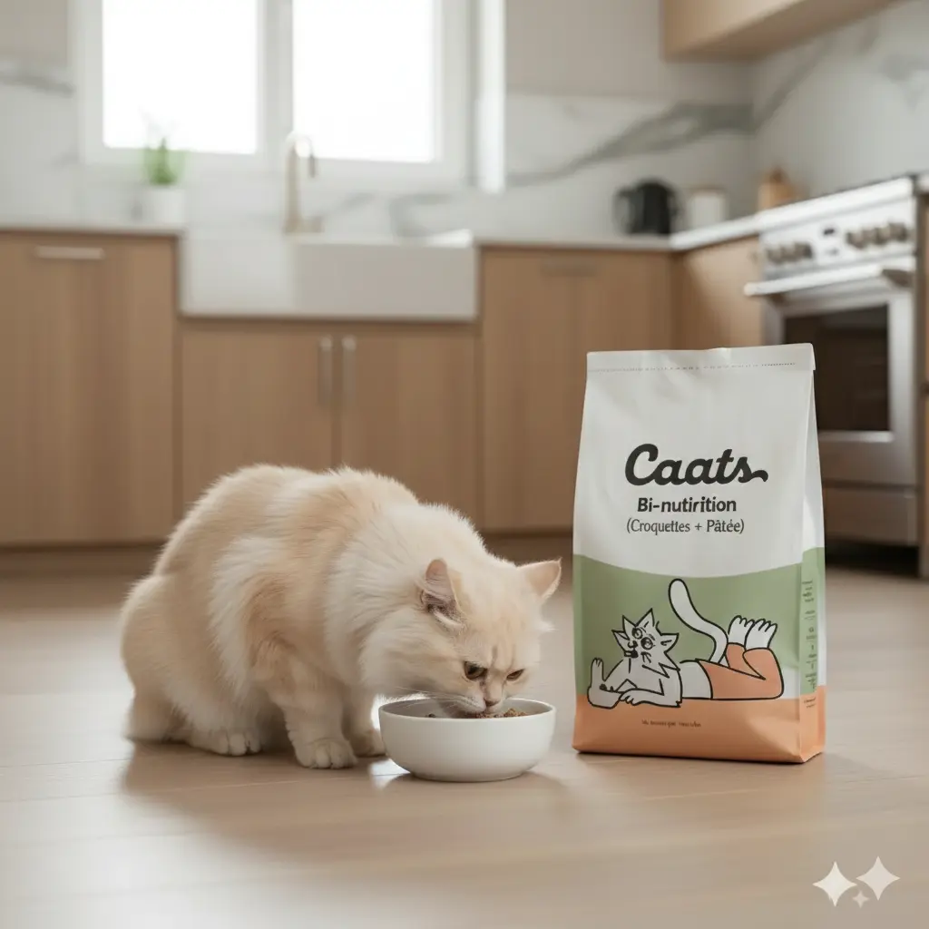 un chat qui se nourrit avec une alimentation bi nutrition croquette + pâtée de la marque Caats