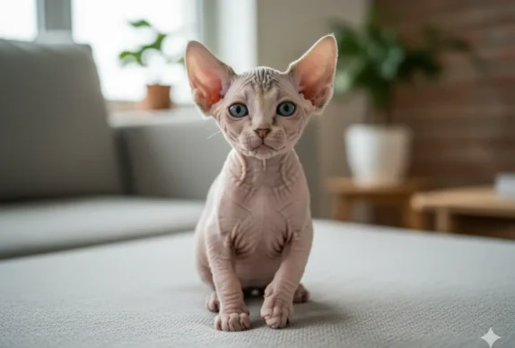 un chaton sphynx qui vient d'être adopté par un couple