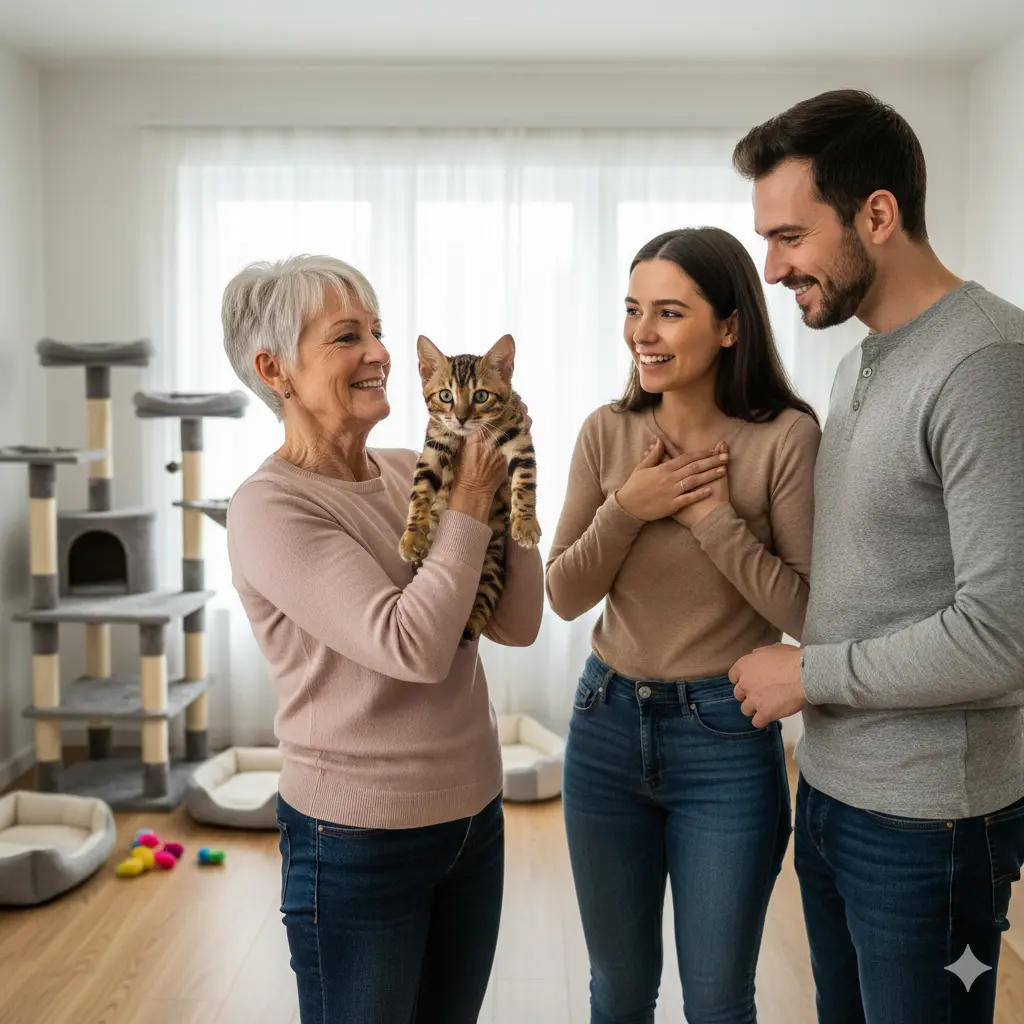 un couple qui adopte un bébé bengal dans un élevage