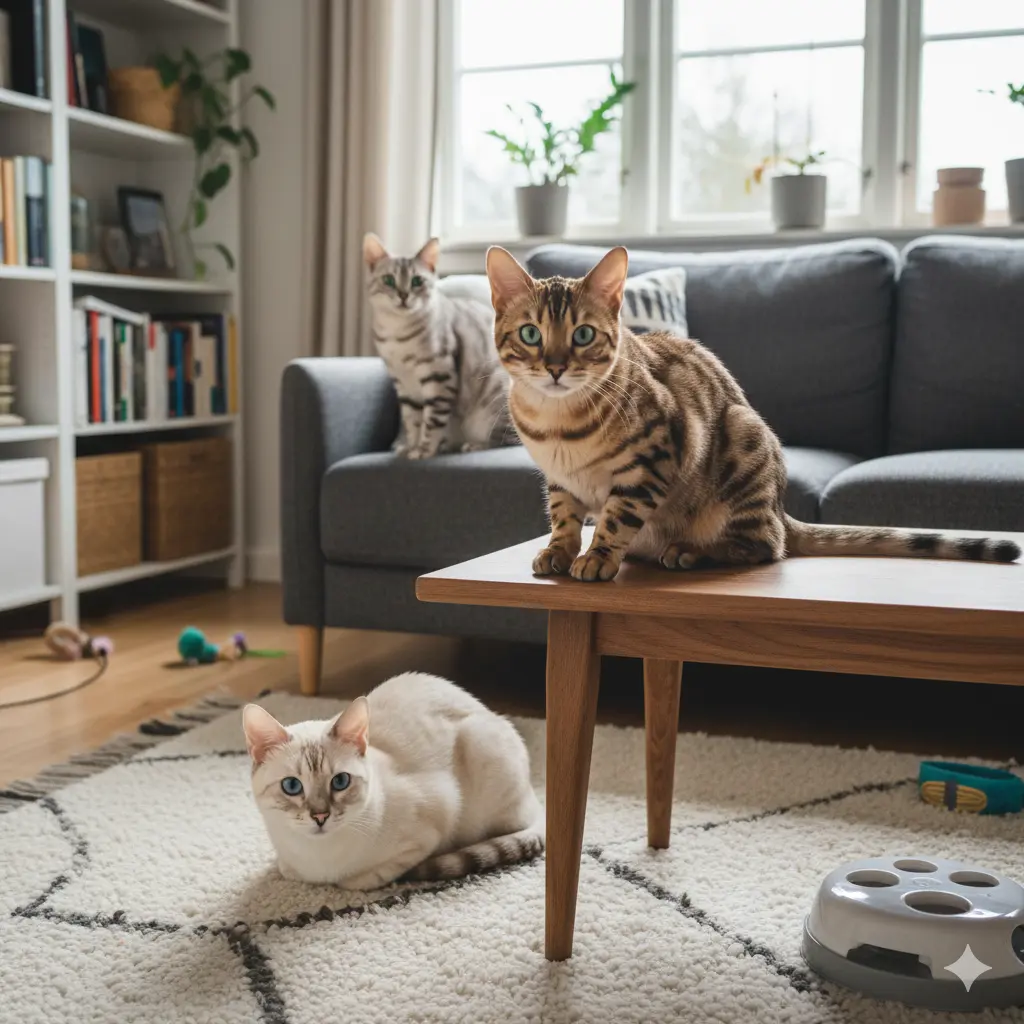 3 chats bengal de couleurs différentes : brown, snow et silver