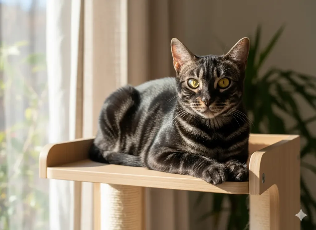 bengal noir à la robe mélanistique sur un arbre à chat