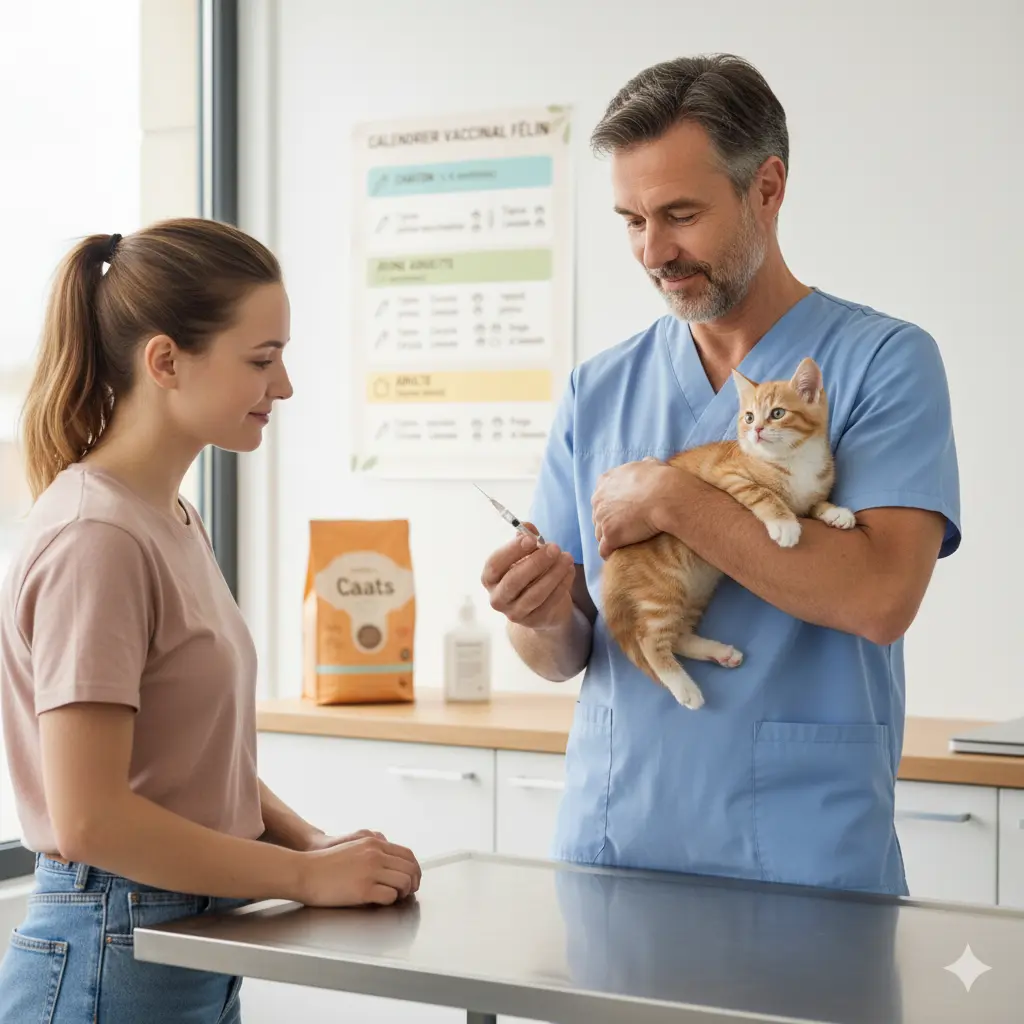 Un vétérinaire bienveillant tient un petit chaton tigré dans ses bras sur une table d’examen, prêt à lui faire un vaccin avec une seringue. Le chaton semble calme et en confiance, pendant qu’une jeune femme (sa gardienne) le regarde avec douceur. En arrière-plan, on aperçoit une affiche colorée du calendrier de vaccination des chats et une boîte de croquettes Caats posée sur le comptoir.