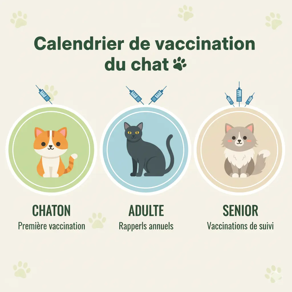 infographie d'un calendrier pour vaccination des chats. Un chaton avec la premiere vaccination, un chat adulte avec le rappel annuel et le chat sénior avec la vaccination de suivi