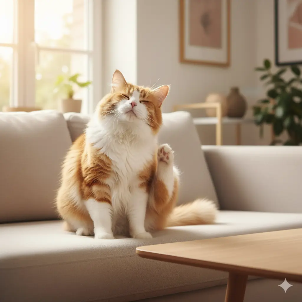 Un chat domestique au pelage brillant se gratte fortement derrière l’oreille à cause d'une infection de puces