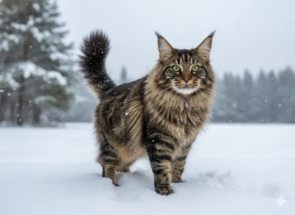 maine coon dans la neige résistant au froid