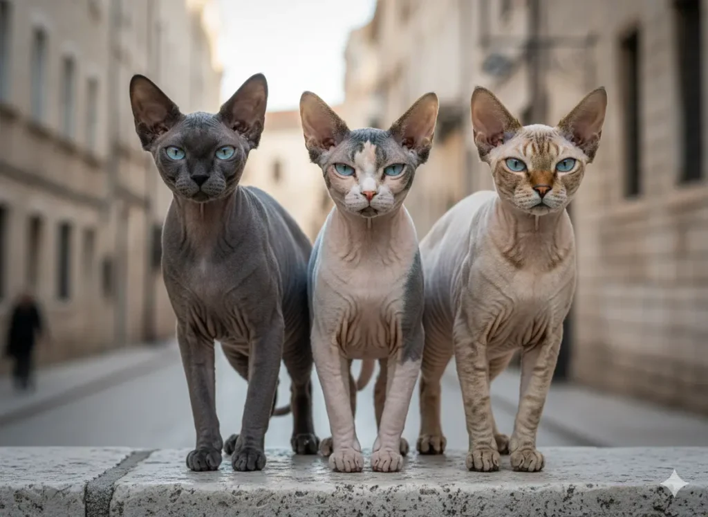 3 chats sphynx avec une couleur de robe différente