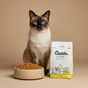 un chat siamois devant son bol de croquettes pour siamois