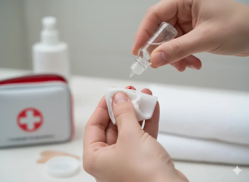 Personne désinfectant une morsure de chat sur la main pour prévenir une infection