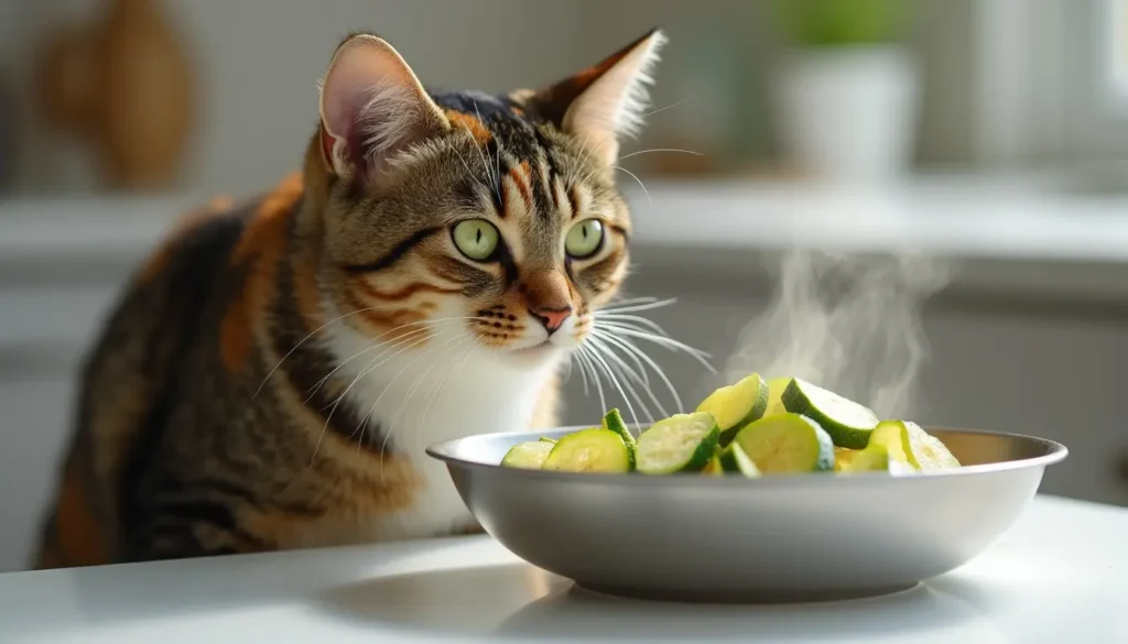 Chat curieux regardant des morceaux de courgette cuite dans une gamelle