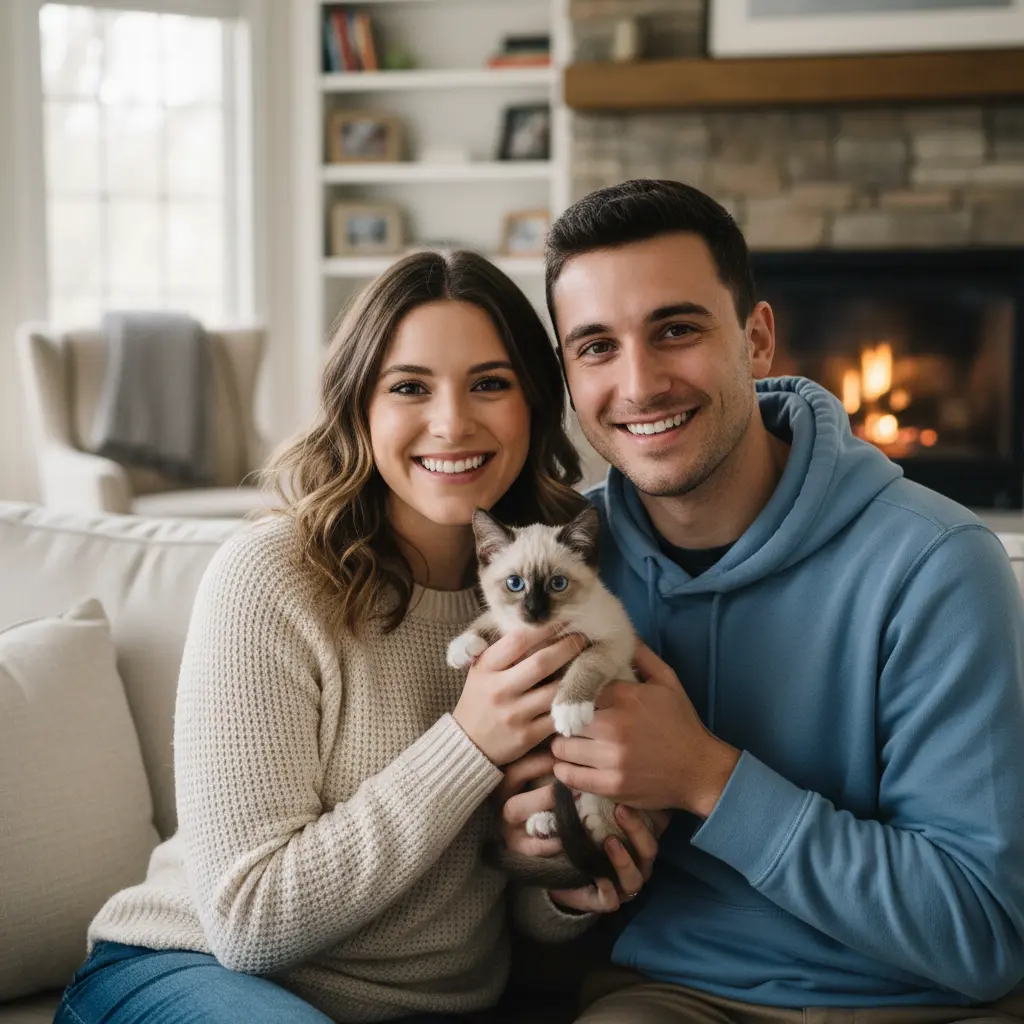 chaton siamois aux yeux bleus adopté par un jeune couple