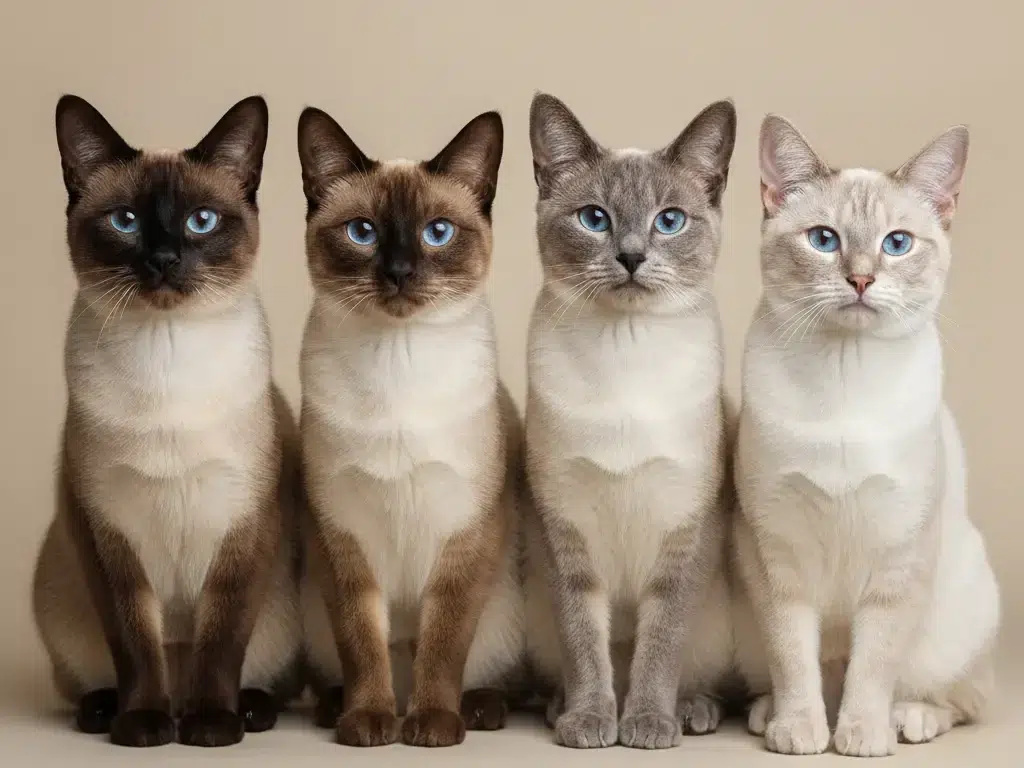 4 chats siamois de différentes couleurs: blue point, seal point, chocolate point