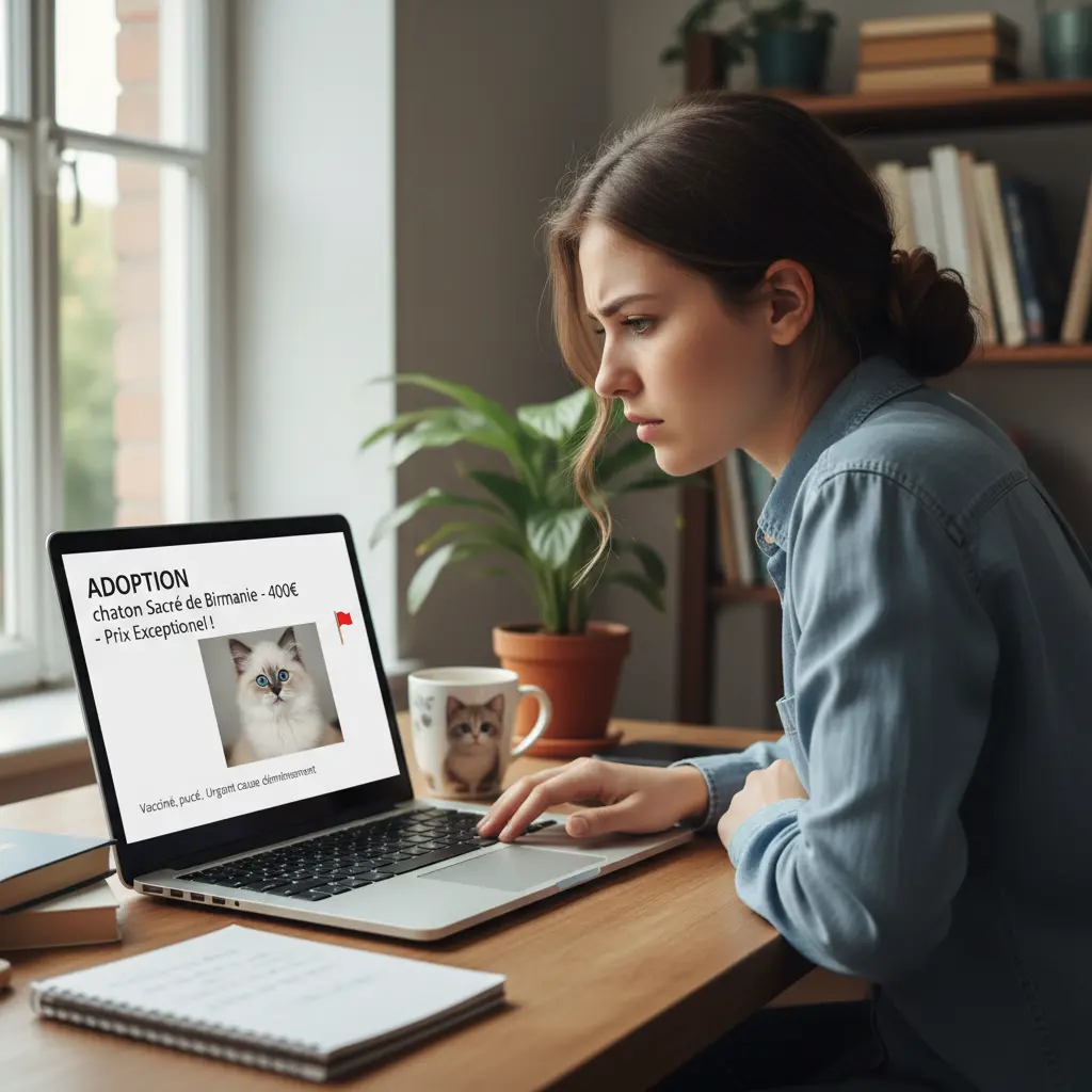 jeune femme assise à son bureau, regardant l’écran de son ordinateur portable avec une expression de doute et de méfiance. Sur l’écran, on voit une annonce d’adoption d’un chaton Sacré de Birmanie à 400 €, un prix anormalement bas.