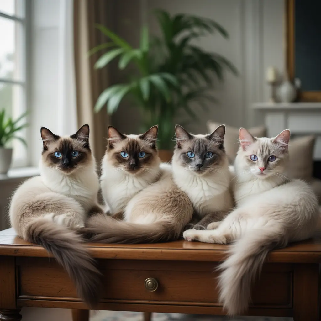 4 chats balinais aux différentes couleurs de robe assis sur une table