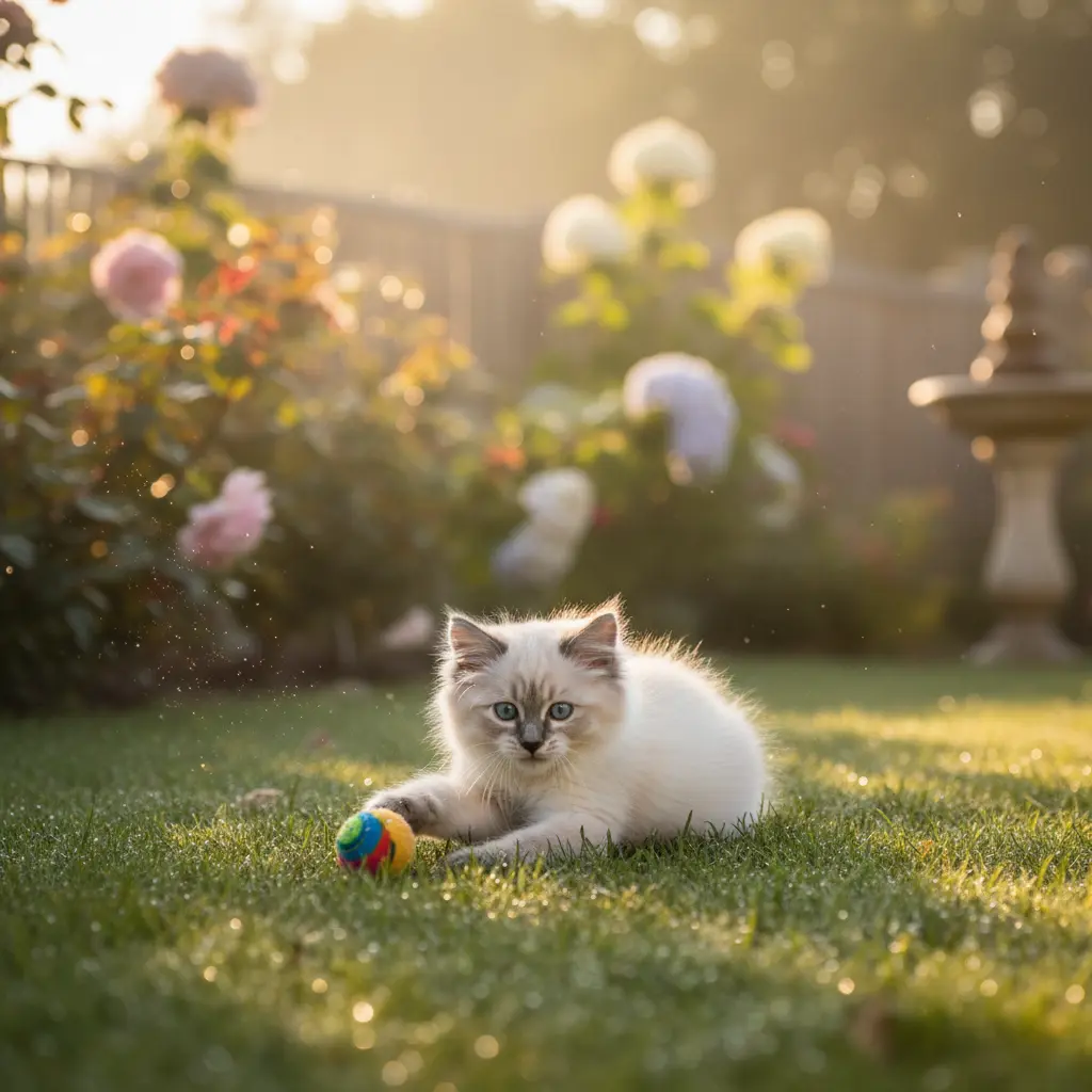chaton ragdoll qui joue dans un jardin avec un balle à chat