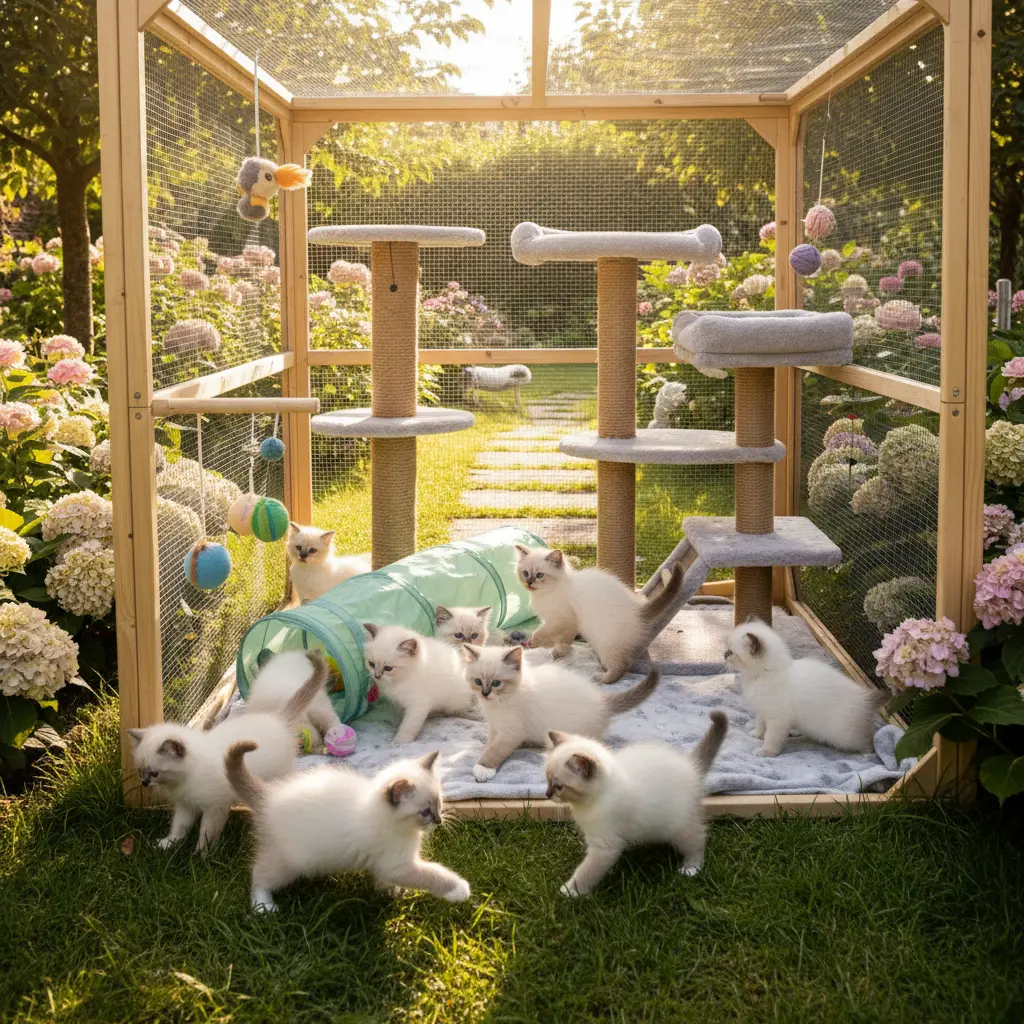 des chatons sacré de birmanie qui jouent dans un enclos dans un jardin