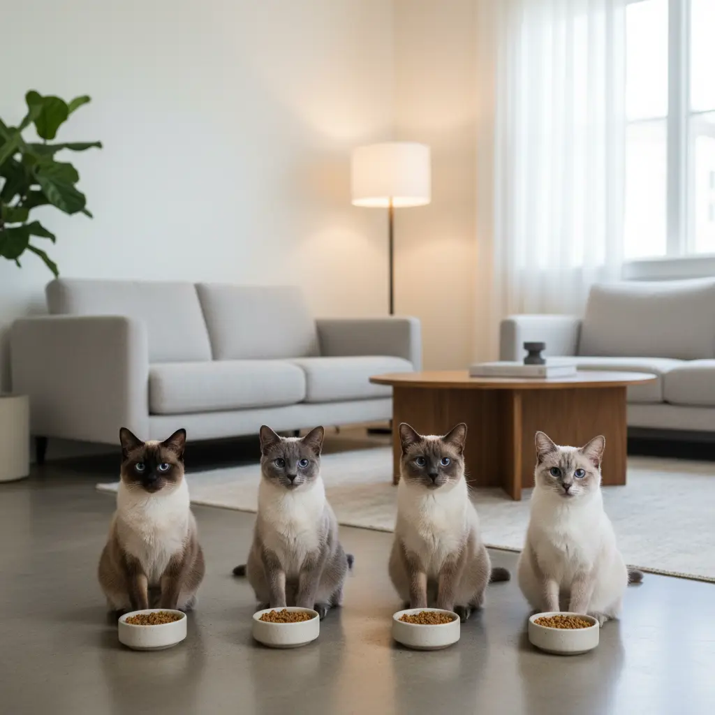4 chats siamois dans un salon avec une couleur de robe différentes: Les quatre couleurs traditionnelles seal, chocolat, blue et lilac point