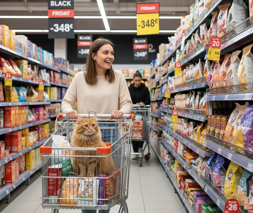 une femme dans les rayons d'un supermarché recherche des croquettes pour chat. Son chat est dans le caddie. Des offres black friday apparaissent sur les étagères