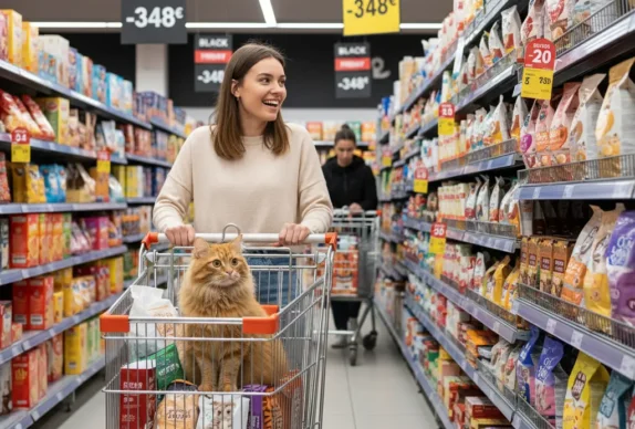 une femme dans les rayons d'un supermarché recherche des croquettes pour chat. Son chat est dans le caddie. Des offres black friday apparaissent sur les étagères