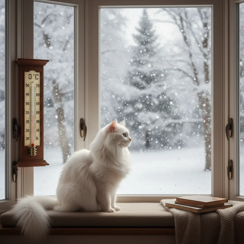 un chat blanc au poil long qui regarde par la fenêtre la neige tombée alors qu'il fait 0 degrés