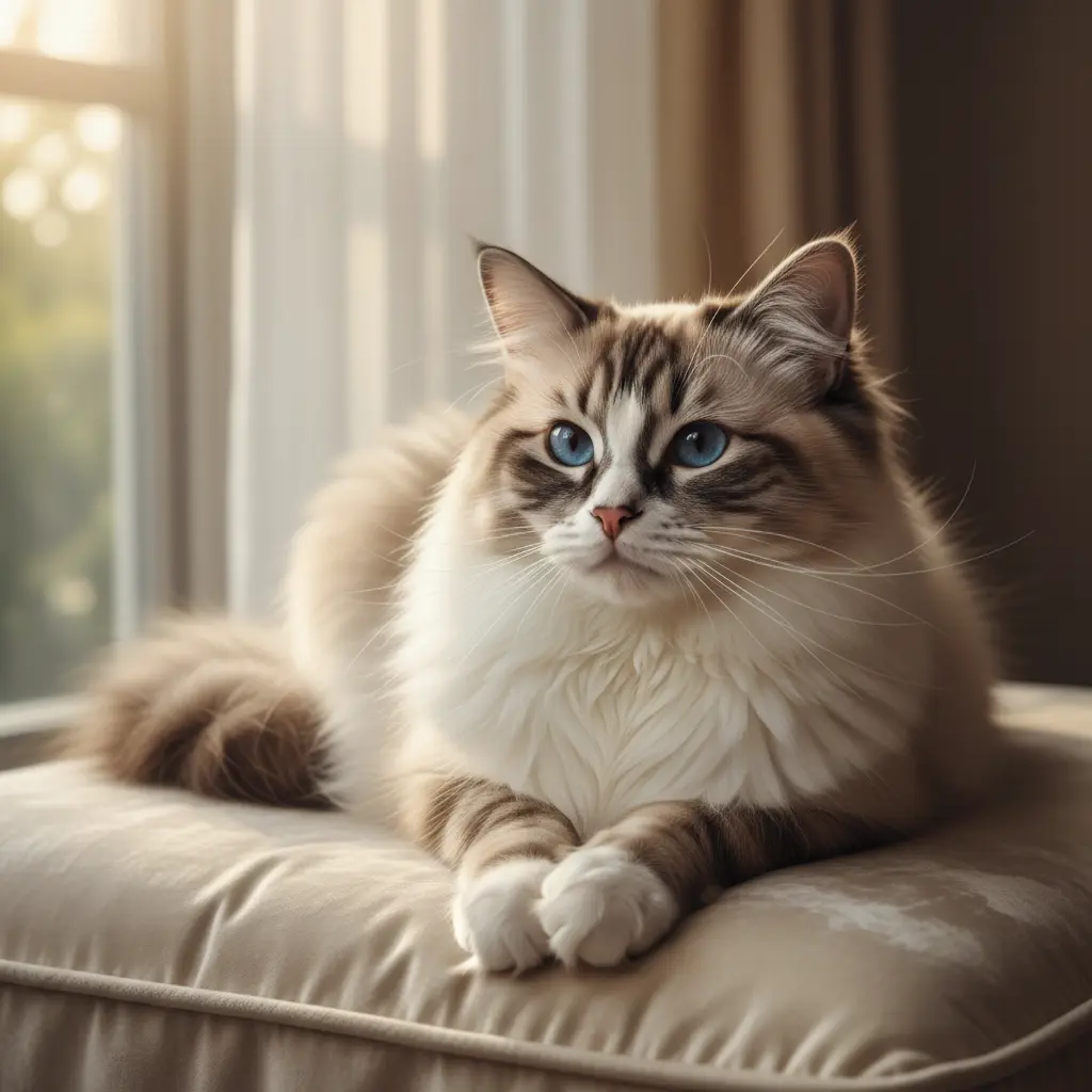 chat ragdoll ayx yeux bleus allongé sur un canapé