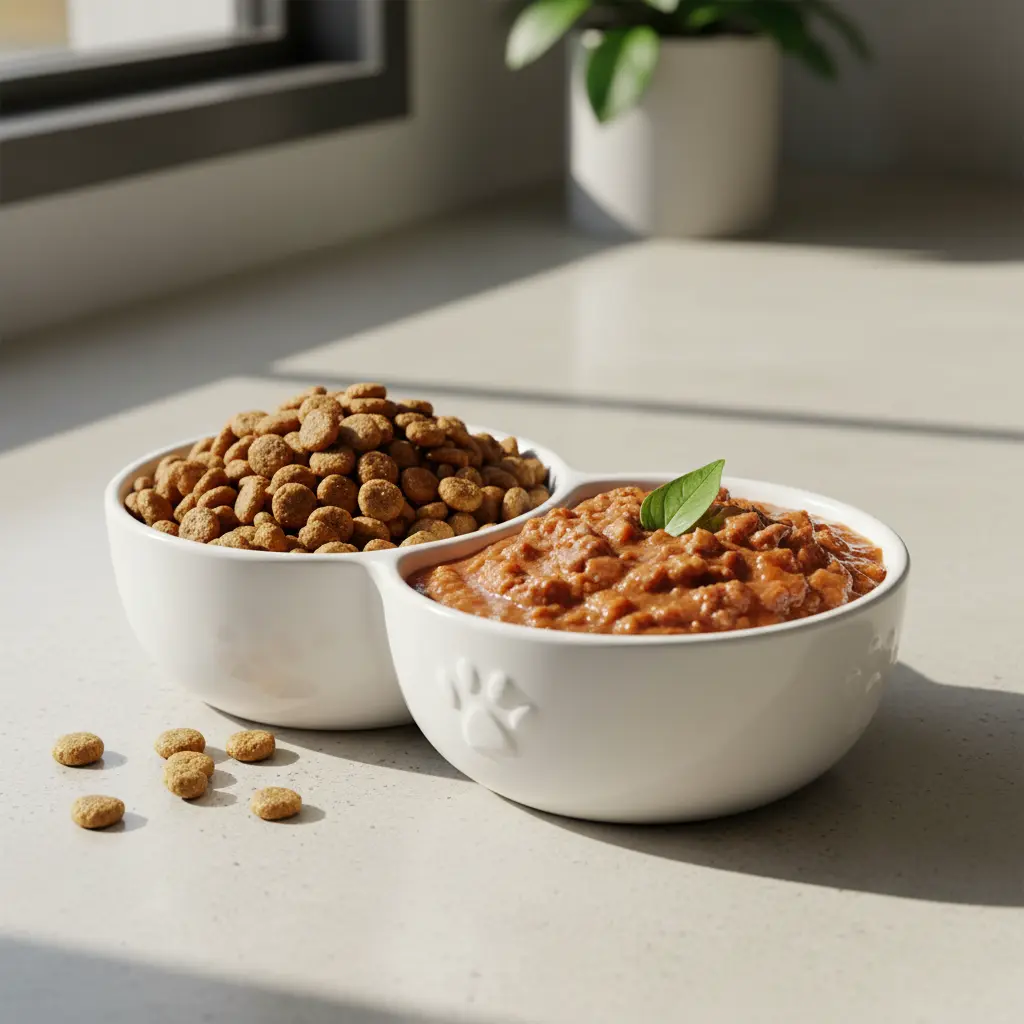 alimentation pour chat avec d'un côté des croquettes sèches et de l'autre de la pâtée humide