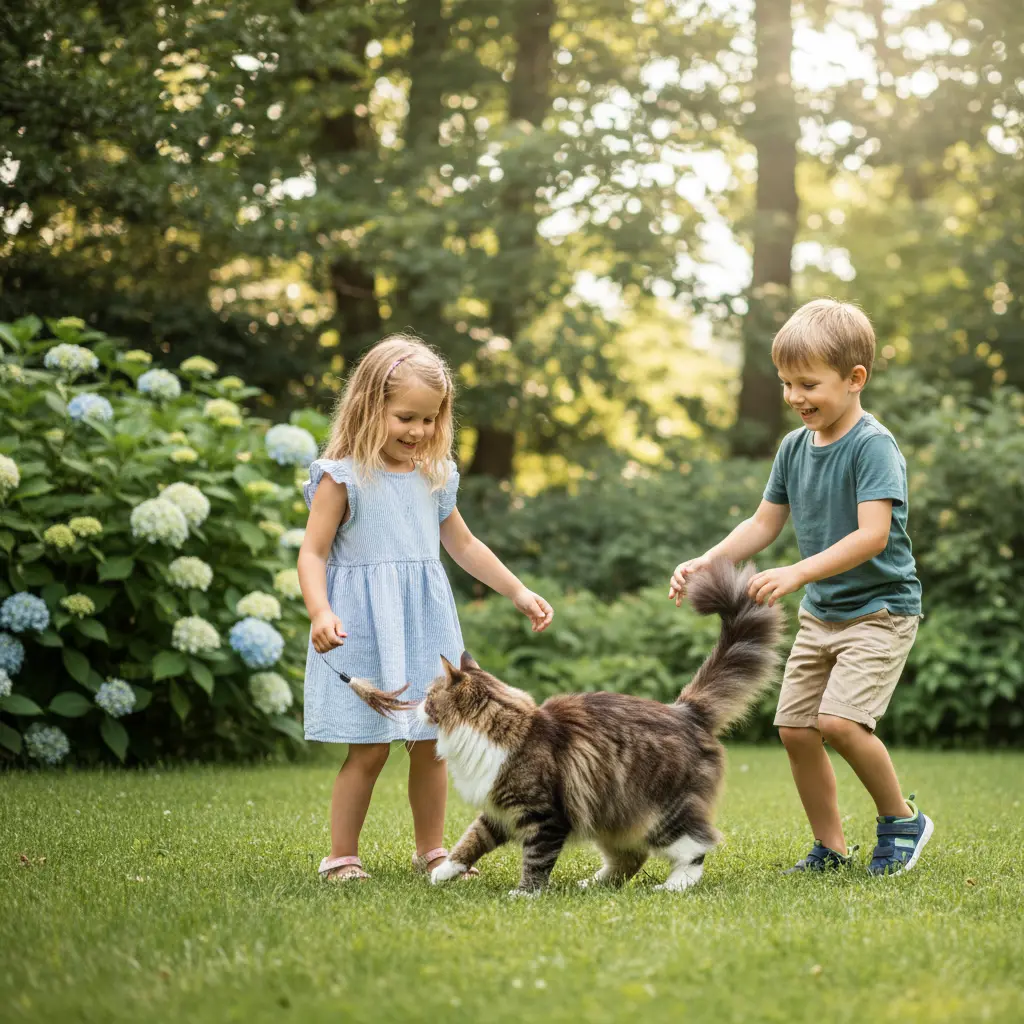 chat norvégien qui joue avec des enfants dans un jardin