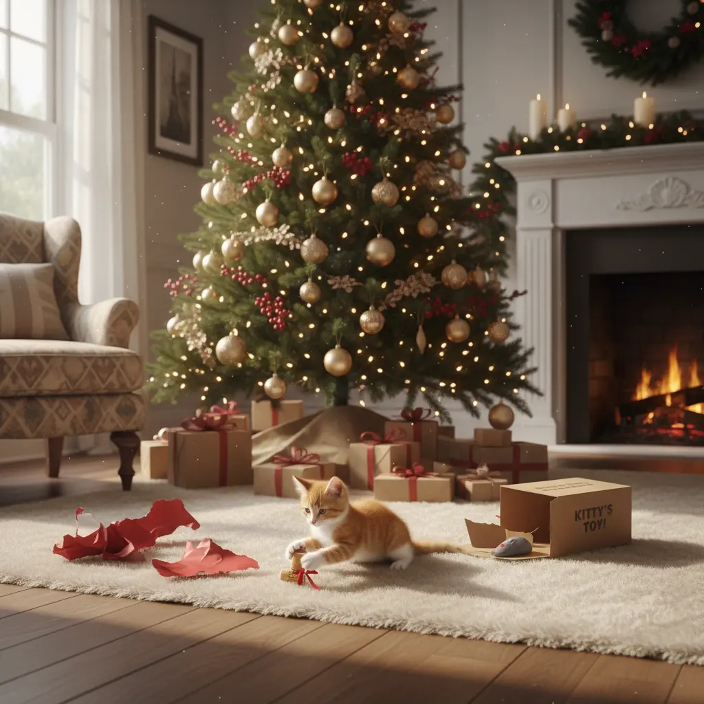 un chaton qui joue avec ses jouets qu'on lui a offert à noel