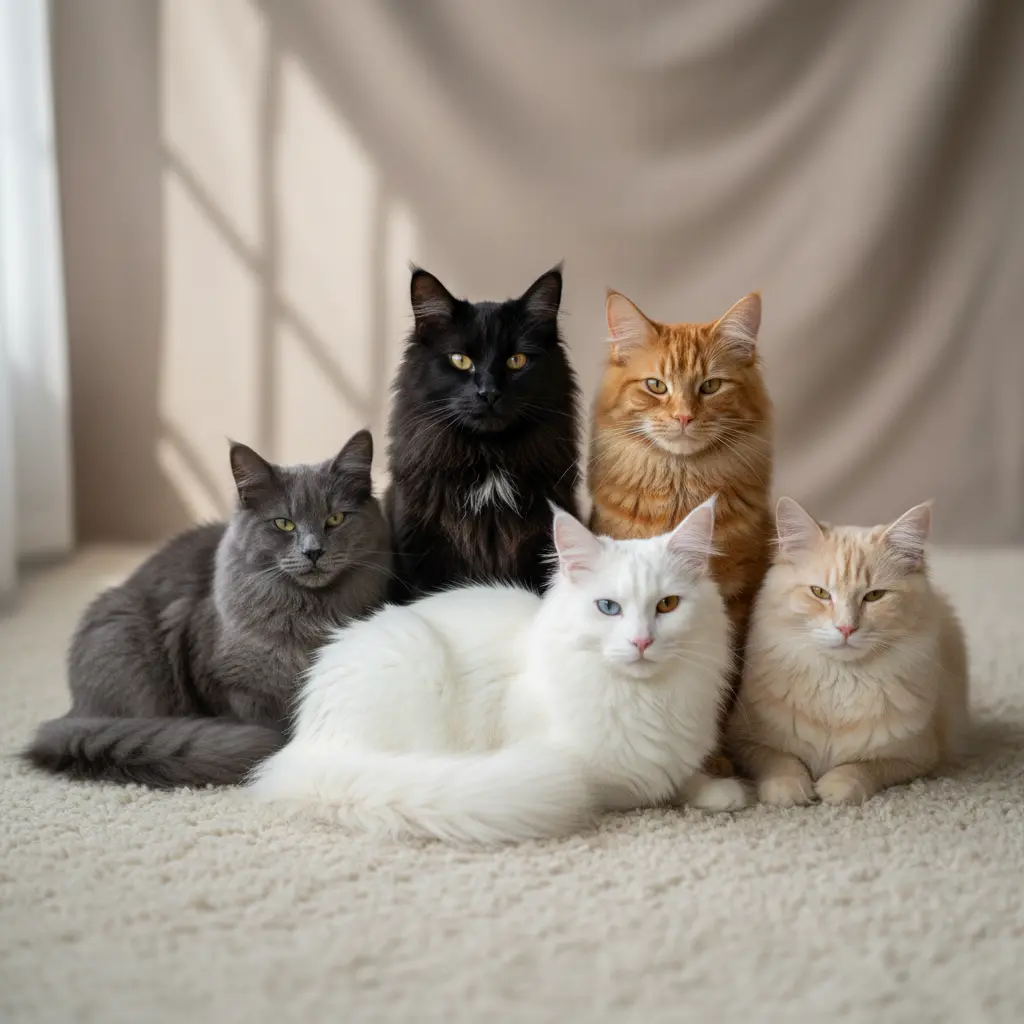 5 chats norvégiens avec une couleur de robes différentes : Noir : Un noir profond, sans reflets roux
Bleu : Un gris-bleu doux, dilution du noir en génétique féline
Roux : Un orange éclatant et chaleureux
Crème : Version pastel du roux, très délicate
Blanc : Un blanc pur, parfois associé à des yeux bleus ou vairons