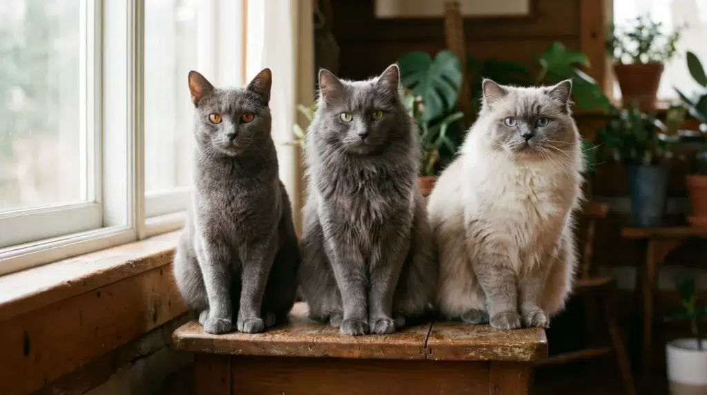 trois chats côte à côte un chartreux, un Nebelung, et un British Longhair