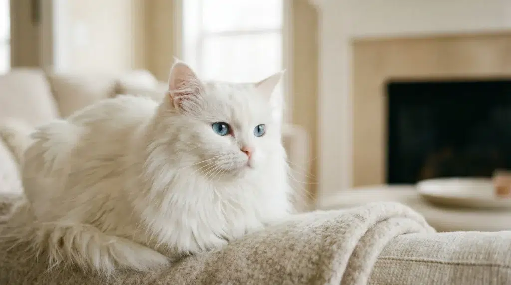 chat aux yeux bleus sur un canape