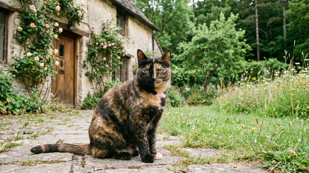 chat couleur ecaille de tortue dans un jardin