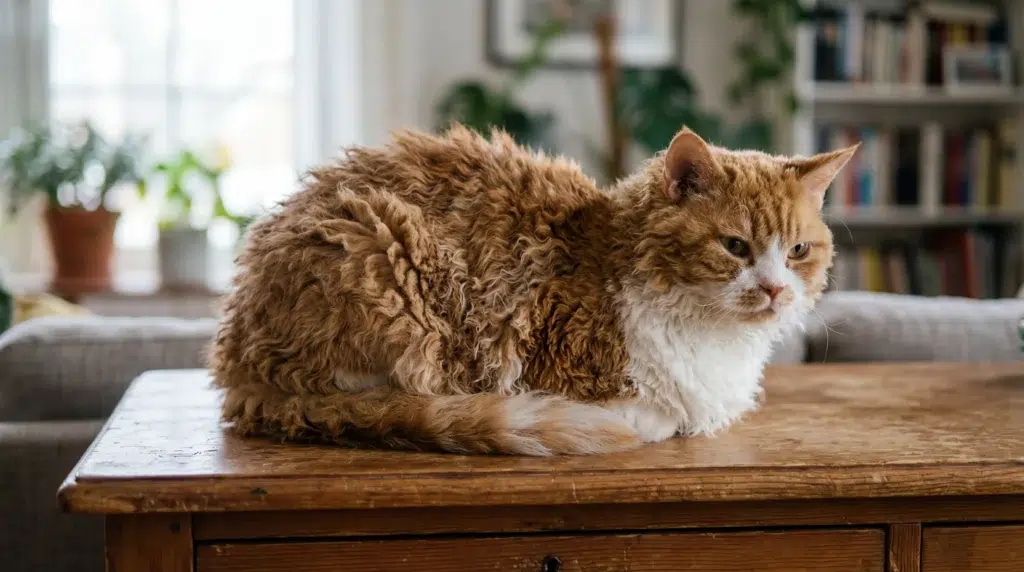 un Selkirk Rex couleur marron assis sur une table à manger