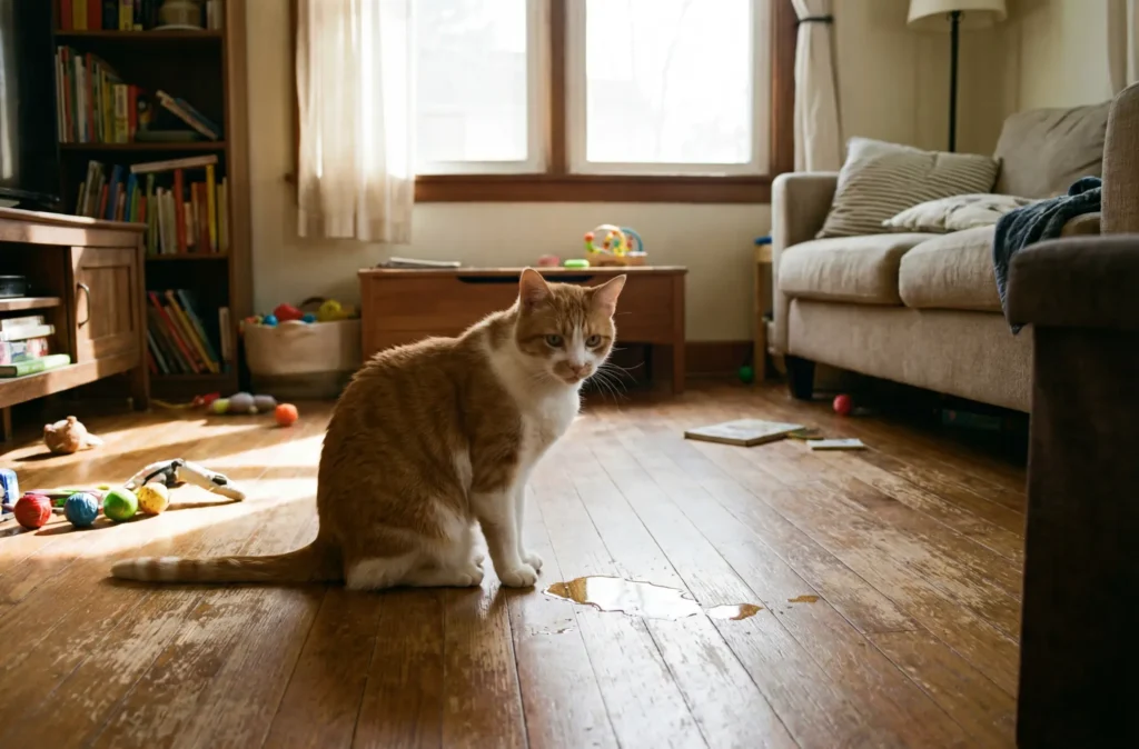 cystite chat: un chat fait pipi sur le sol