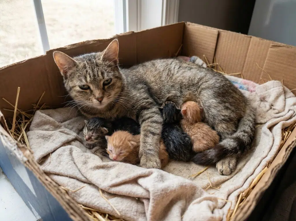 chatte qui vient de mettre bas avec ses chatons