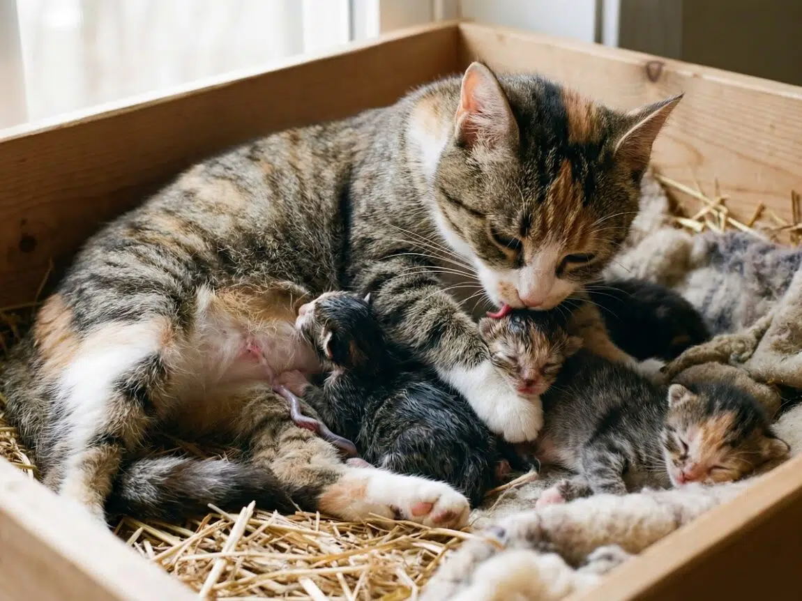 accouchement d'une chatte avec ses 3 chatons