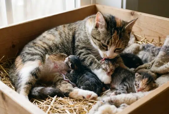 accouchement d'une chatte avec ses 3 chatons