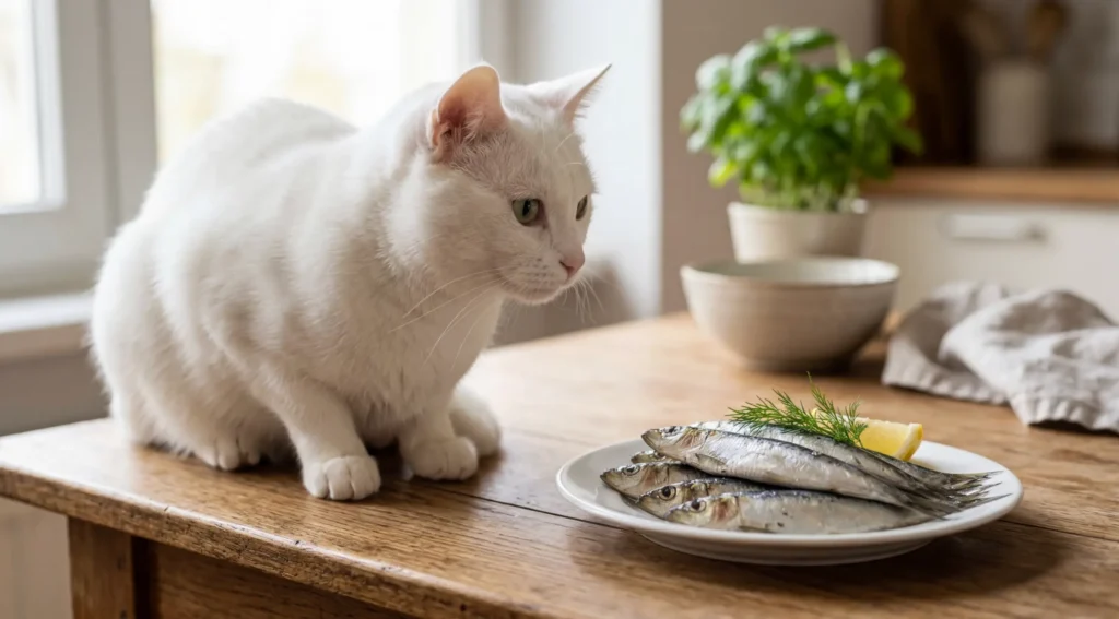 un chaton qui mange du poisson blanc type cabillaud